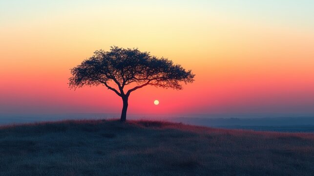 Lone Tree Silhouette at Sunset, a striking contrast of dark branches against vibrant hues of orange, pink, and purple in the evening sky