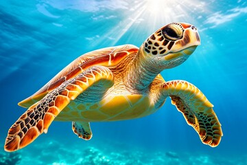 Obraz premium Turtle Gliding Through Clear Blue Ocean Waters