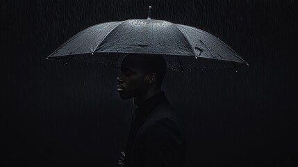 A black man holding an open umbrella in the rain, captured in a minimal style against a solid black background, emphasizing resilience and tranquility in a striking and elegant composition