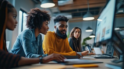 Diverse team of professionals collaborating on a project in a modern office setting.