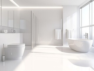 Fototapeta premium Modern bathroom with all-white walls, elegant chrome accents, and a glass shower