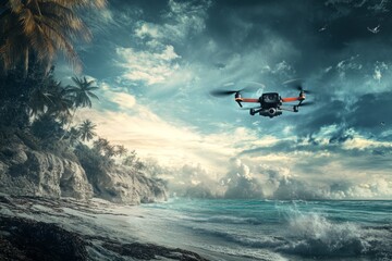 Fototapeta premium flying drone , with dramatic sky as background ,beaches at the bottom frame , wind flow