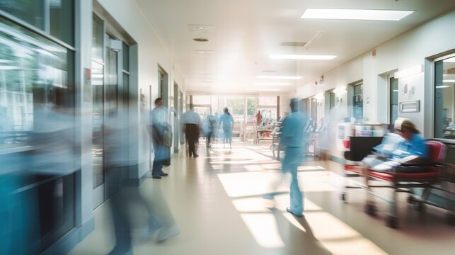 a hospital hallway with nurses and doctors moving quickly between patient rooms, some attending