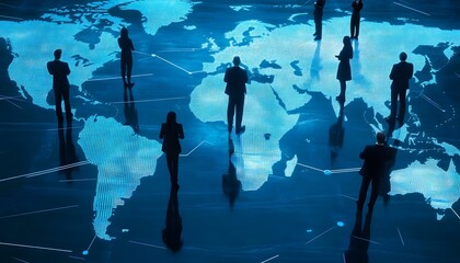 Silhouettes of Businesspeople Standing on a Luminous World Map