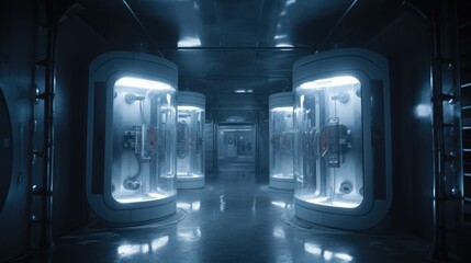 Team of astronauts in hypersleep anabiosis chamber aboard the orbital station. A crew of cosmonauts in hibernation. People in space. The concept of galactic travel and science.