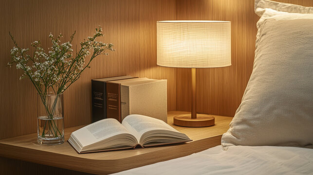 A cozy bedside reading setup with a lamp, book, and fresh flowers at night