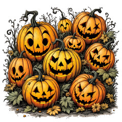 Illustration of Vintage pumpkins with carved faces.