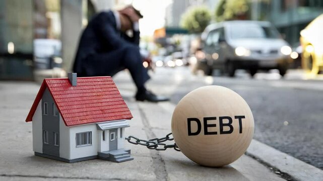 A visual metaphor showing the burden of debt with a house and a chained ball labeled "DEBT."