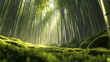 A peaceful moment in a bamboo forest, with towering bamboo