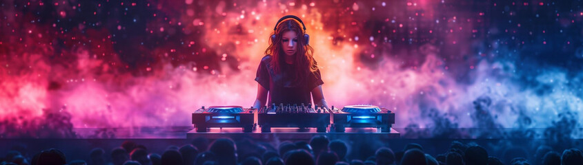 Girl in headphones at the DJ console in a club at a party, created with Generative AI technology