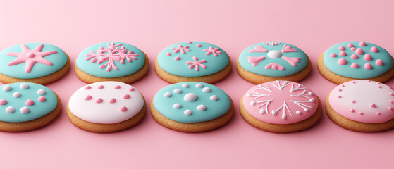 Colorful decorated cookies in pastel shades of pink and blue, featuring various designs on a soft pink background, perfect for celebrations.