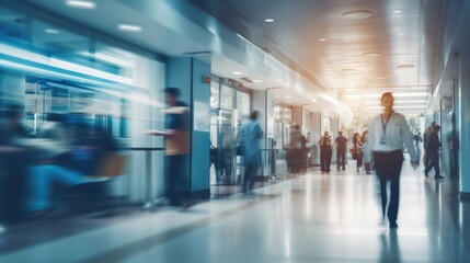 Dynamic and blurred background of a hospital corridor filled with medical staff,