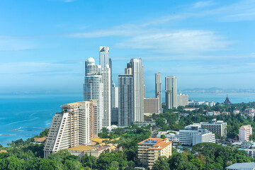 Pattaya, Thailand - Oct 15, 2024: Panoramic city view of Pattaya, Chonburi, Thailand. The beach road has many pubs and bars, making it a popular tourist destination in Thailand.