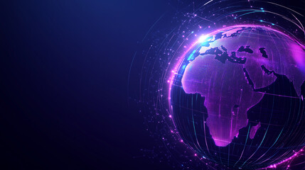 
A large, colorful sphere with a blue and purple globe on it. The sphere is surrounded by a dark background
