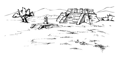 Mesoamerica Aztec ancient pyramid ruins on plain grassy field with tree, mountains hills backdrop. Hand drawn ink vector illustration, isolated scenic landscape. Design travel, vacation, brochure