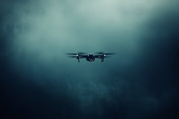 Flying drone in the distance, a subtle harmony of dark blue and black, dreamy background, wind flow 