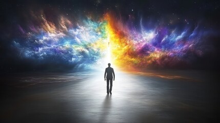 Journey Beyond: An Abstract Figure Steps into a Vibrant Cosmic Portal of Light and Color, Exploring New Realms of Existence and Imagination.
