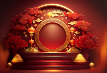 A circular golden frame with a red and gold platform is surrounded by red cherry blossom trees and golden lanterns.