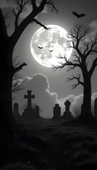 a black and white photo of a graveyard with bats flying over it
