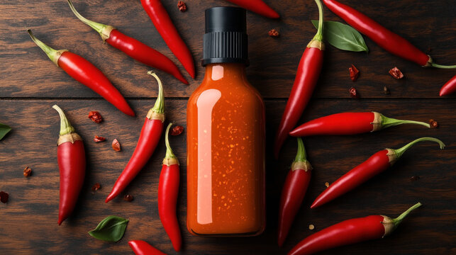 Bottle of spicy red hot sauce surrounded by fresh red chili peppers and leaves on a wooden table surface, showcasing culinary ingredients for adding flavor and heat to dishes.