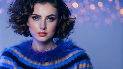 A young woman with blue eyes and short curly hair looks at the camera. She is wearing a blue sweater and has a fur collar around her neck. There is a soft blue light behind her.