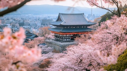 Naklejka premium A scenic view of Kyoto in spring, Japan, with historic temples framed by vibrant cherry