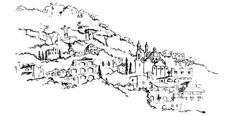Fototapeta premium South Central America mountain slope with city buildings houses trees, religious monument cityscape. Hand drawn ink vector illustration, isolated scenic landscape. Design travel, vacation, brochure