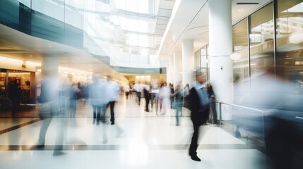 Motion blur effect of hospital personnel walking through a corridor