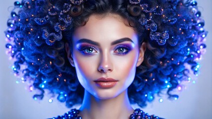 Portrait of a beautiful woman with blue eyes and a glowing halo of light.