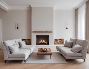 Elegant living room with a cozy fireplace in well-lit area neutral colors, modern furnishings