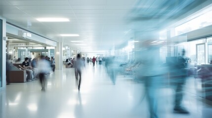 Motion blur effect of hospital personnel walking through a corridor