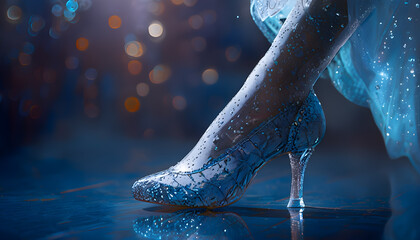 The fairy glass slipper worn by the princess in the enchanting scene. You can see the reflection in the glass floor