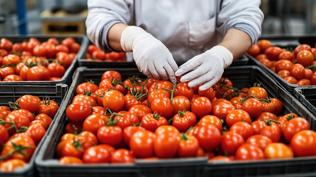 Person wearing white gloves sorting ripe red tomatoes in industrial crates in a food processing facility, highlighting quality control in fresh produce handling.