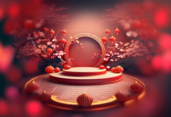 A red circular podium with gold accents sits in front of a red and gold circular frame.  Pink blossoms and red lanterns adorn the scene.