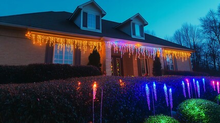 Festive home with icicle lights hanging from roof and bushes lit with multicolor LEDs