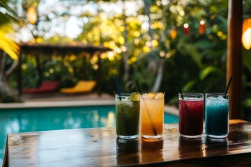 colored tropical drinks on a table with blurred pool in the background, refreshing, relaxing , poolside 