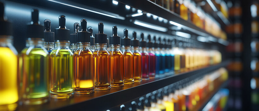 Colorful Vape Juice Bottles on Shelf in Vape Shop