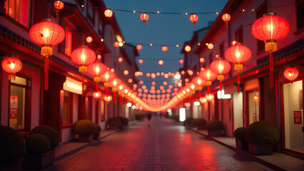 Vibrant Street Decorated with Red Lanterns for Chinese New Year Celebration