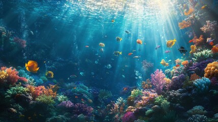 Obraz premium A vibrant coral reef underwater, teeming with colorful fish