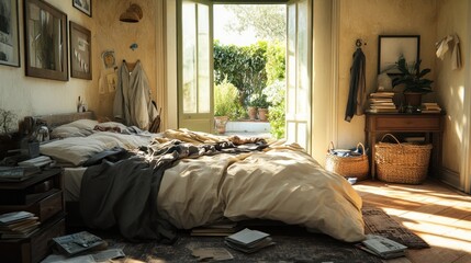 Cozy Bedroom with Sunlight Streaming Through Open Door