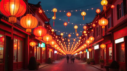 Festive Alley Adorned with Traditional Red Lanterns for Lunar New Year