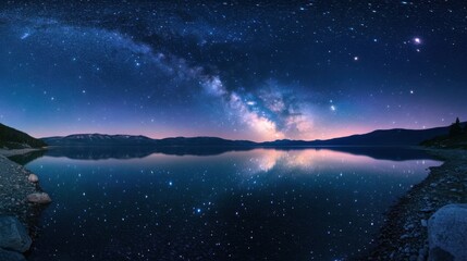 A view of the starry night sky over Lake Baikal, with the Milky Way reflected