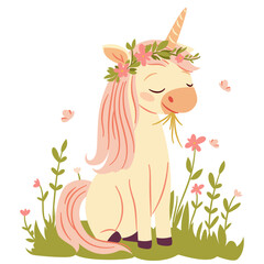 Flat vector illustration in children's style. Cute unicorn sitting on a meadow and eating grass, wreath of flowers on his head, white background . Vector illustration
