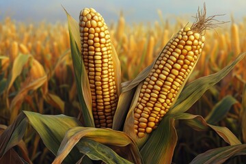 Corn cobs with corn plantation field background.  corn plantation