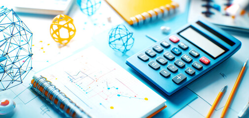 Graphing calculator with geometry tools and a notebook, 3D illustration