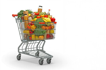 Shopping cart full of groceries on white background. Space for text.