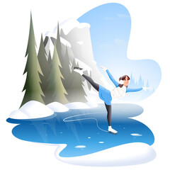 Obraz premium Girl skates on a lake in the mountains