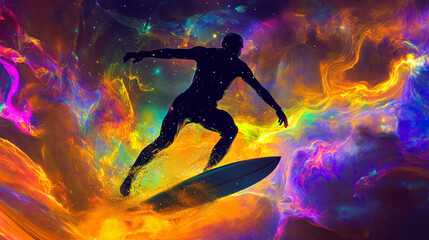 Naklejka premium Cosmic Surfer in Colorful Nebula Wave
