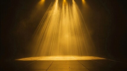 The beams of yellow light extend from the stage on a black background: spotlight, illumination, smoke effect, and bright light beams.	