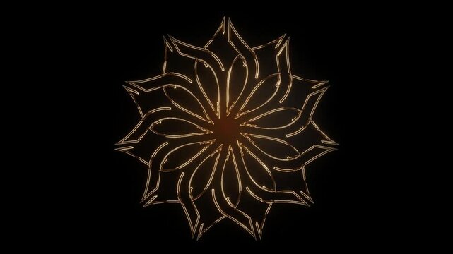 abstract mandala motion background. glowing flowing golden color flower seamless loop animation. artistic classic effect 4k 3d animation with black background .